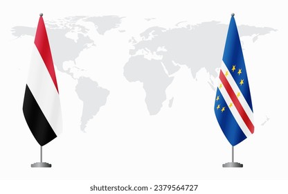 Yemen and Cape Verde flags for official meeting against background of world map.