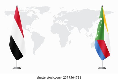 Yemen and Comoros flags for official meeting against background of world map.