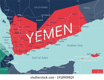 Yemen country detailed editable map with regions cities and towns, roads and railways, geographic sites. Vector EPS-10 file