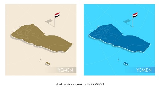 Yemen country flag installed on geographic positioning map point of country territory. Yemen commonwealth banner on land and sea. Festive patriotic HD format template for independence day