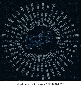 Yemen digital map. Binary rays radiating around glowing country. Internet connections and data exchange design. Vector illustration.