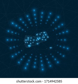 Yemen digital map. Glowing rays radiating from the country. Network connections and telecommunication design. Vector illustration.