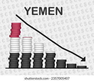 Yemen economic collapse, decreasing values with coins, crisis and downgrade concept, Yemen flag with changes, falling arrow, news banner idea, fail and decrease, financial decline