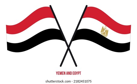 Yemen and Egypt Flags Crossed And Waving Flat Style. Official Proportion. Correct Colors.