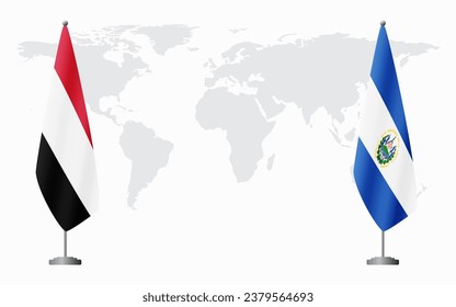 Yemen and El Salvador flags for official meeting against background of world map.