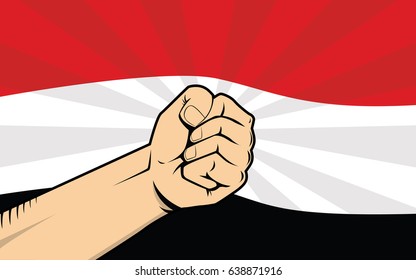 yemen fight protest symbol with strong hand and flag as background vector