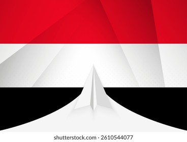 Yemen Flag with Abstract Paper Airplane Design, National Flag in a geometric folded paper style. Vector illustration.
