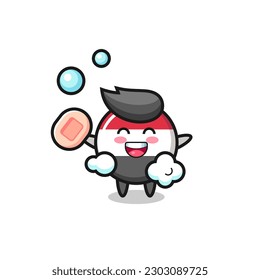 yemen flag badge character is bathing while holding soap , cute style design for t shirt, sticker, logo element