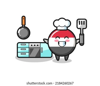 yemen flag badge character illustration as a chef is cooking , cute style design for t shirt, sticker, logo element