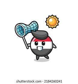 yemen flag badge mascot illustration is catching butterfly , cute style design for t shirt, sticker, logo element