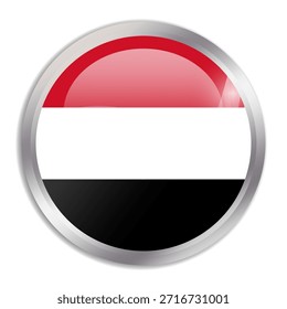 Yemen flag - glossy circle button in metal frame displays a colorful flag of a country cultural identity and heritage. The essence of national pride and unity.