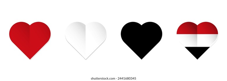 Yemen flag in heart shape. Set of hearts with Yemen flag colors. Vector illustration isolated on white background. svg