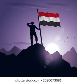 Yemen Flag hoisted on a mountain peak with a purplish sunset in the background, vector illustration