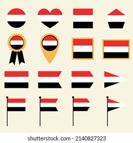 Yemen flag icon set in 16 shape versions. Collection of Yemen flag icons with square, circle, heart, triangle, medal, stamp and location shapes.