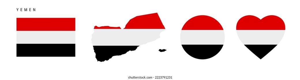 Yemen flag icon set. Yemeni pennant in official colors and proportions. Rectangular, map-shaped, circle and heart-shaped. Flat vector illustration isolated on white.
