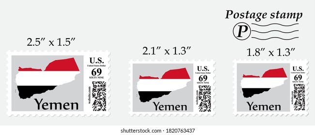 Yemen flag map on postage stamp different size.