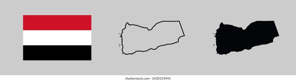 Yemen flag and map silhouette linear and black illustration. Vector