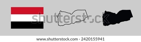 Yemen flag and map silhouette linear and black illustration. Vector