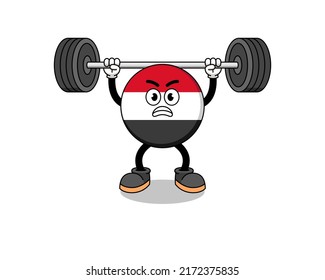 yemen flag mascot cartoon lifting a barbell , character design