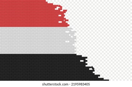 Yemen flag on broken brick wall. Empty flag field of another country. Country comparison. Easy editing and vector in groups.