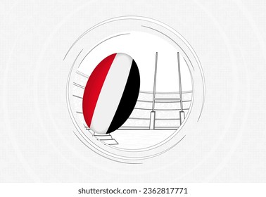 Yemen flag on rugby ball, lined circle rugby icon with ball in a crowded stadium. Vector sport emblem on abstract background.