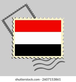 Yemen flag postage stamp. Isolated vector illustration on grey post stamp background