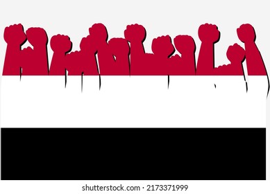 Jemen-Flagge mit erhöhter Protesthand, Vektorgrafik, Logo der Länderflagge, Protestkonzept des Jemen, flaches Design gegen Idee