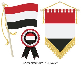 yemen flag, rosette and pennant, isolated on white