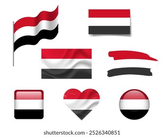 Conjunto de iconos de la bandera de Yemen. Bandera de Vector de Yemen, símbolo. Conjunto de banderas de Yemen Botón, pincel, agitado, corazón.