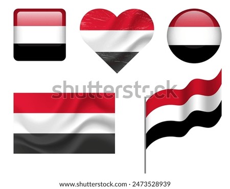 Yemen flag set of icons. Vector flag of Yemen, symbol. Set of Yemen flags button, waved, heart.