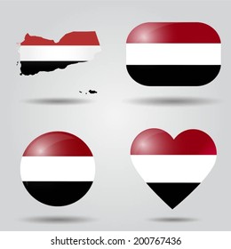 Yemen flag set in map, oval, circular and heart shape. 