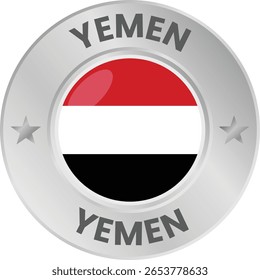 Yemen flag in silver colored medal. National flag in metal circle emblem.
