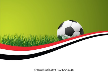 Yemen flag. Soccer green football grass field. Flat vector background banner or poster. Template for EK, WK play model. Sport finale, school game. Team sports. Foot ball sign.