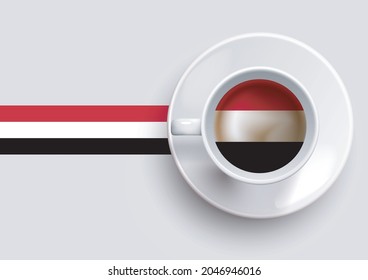 Yemen flag with a tasty coffee cup on top view and a gradient background. Hot beverage with Yemen flag, vector illustration.