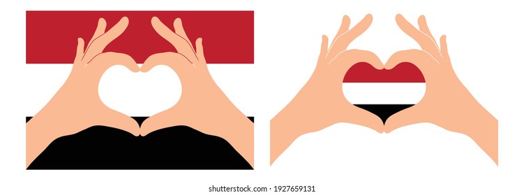 Yemen   flag. Two hands in the form of a heart with flag of Yemen  
