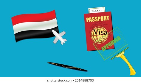 Yemen flag with white plane icon. Passport with visa approved stamp. Black stylish Pen. Yemeni Travel poster. Editable vector EPS available