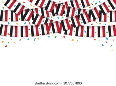 Yemen flags garland white background with confetti, Hang bunting for Yemeni,  independence Day celebration template banner, Vector illustration svg