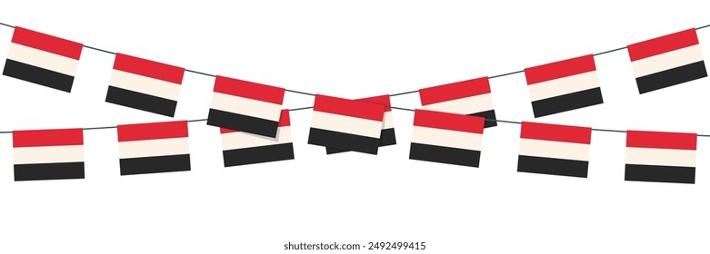Yemen flags hanging on a rope, celebration and greeting concept.