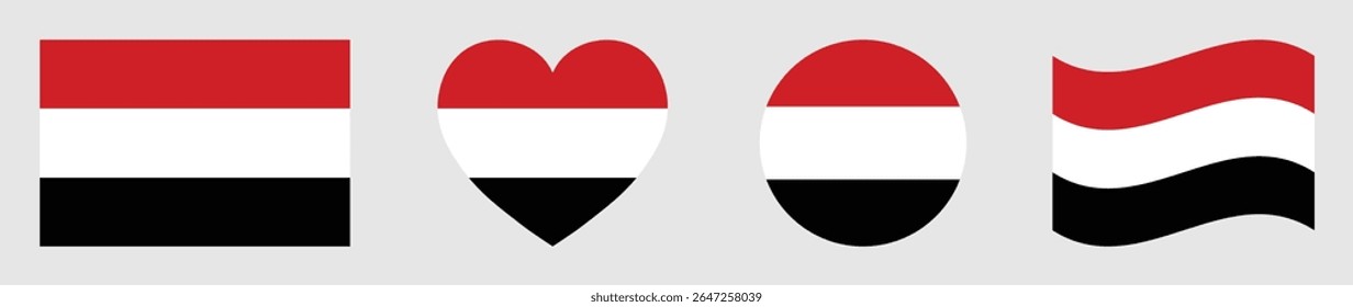 Yemen flags set in square, heart, circle and waving formats designs element. Yemen flags collection. Set of Yemen flags icons isolated on gray background. Vector illustration.