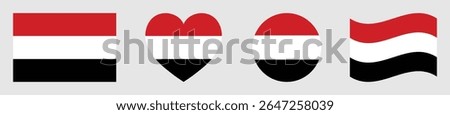 Yemen flags set in square, heart, circle and waving formats designs element. Yemen flags collection. Set of Yemen flags icons isolated on gray background. Vector illustration.