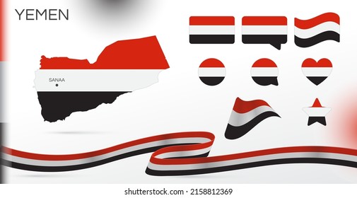 Yemen flags set. Various designs. Map and capital city. World flags. Vector set. Circle icon. Template for independence day. Collection of national symbols. Ribbon with colors of the flag. Sana'a