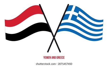 Yemen and Greece Flags Crossed And Waving Flat Style. Official Proportion. Correct Colors.