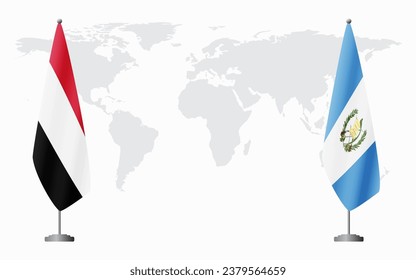 Yemen and Guatemala flags for official meeting against background of world map.