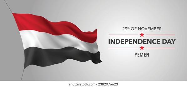 Yemen happy independence day greeting card, banner with template text vector illustration. Yemeni memorial holiday 29th of November design element with 3D flag with crescent