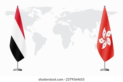 Yemen and Hong Kong flags for official meeting against background of world map.