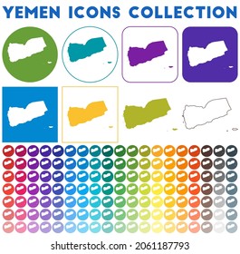 Yemen icons collection. Bright colorful trendy map icons. Modern Yemen badge with country map. Vector illustration.