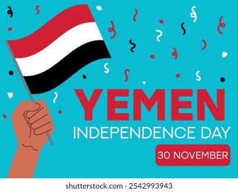 yemen independence day 30 November, yemen flag in hand. Greeting card, poster, banner template	