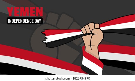 Yemen Independence Day background design with hand gripping the yemen flag vector illustration.