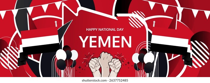 Yemen Independence Day modern greeting banner. 30 November Happy National Day. Festive horizontal background with flag colors, great for carnival poster, tourism campaign, holidays flash sale