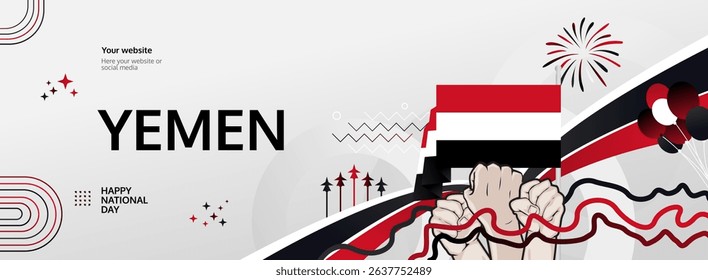 Yemen Independence Day modern greeting banner. 30 November Happy National Day. Festive horizontal background with flag colors, great for carnival poster, tourism campaign, holidays flash sale
